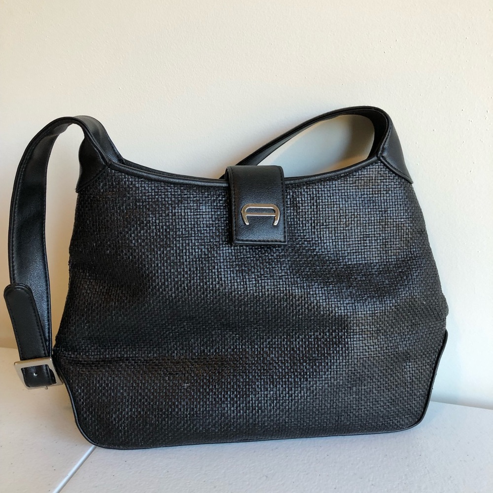 Etienne Aigner Black Raffia and Leather Shoulder Bag with Silver Buckle